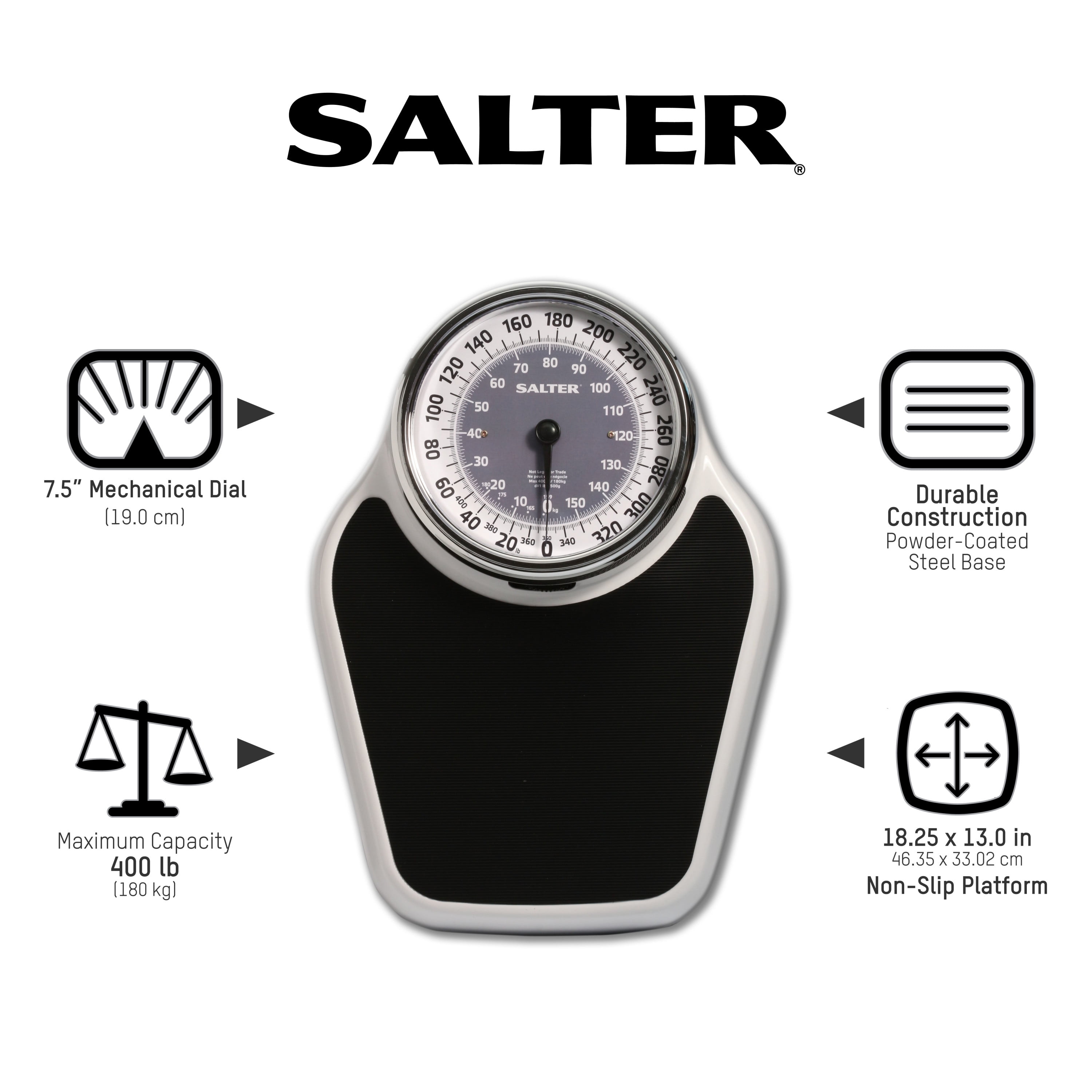Salter Pro-Helix Professional Oversized Bathroom Scale with Black/Red  powder-coated steel coated base, Anti-Slip Bath Mat, 400 LB Capacity,  Analog