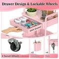 thumbnail image 5 of 3 Tier Rolling Utility Cart with Removable Drawer, Bathroom Storage Organizer with 2 Lockable Wheels, Mobile Shelving Unit for Kitchen, Office, Snack, Craft, Makeup, Baby Essentials, Pink, 5 of 8