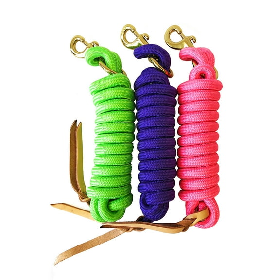 AJ Tack Set of 3 Lead Ropes with Leather Popper - Pink, Purple, and Lime Green