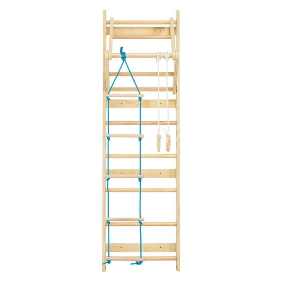 KFFKFF Swedish Ladder Wall Gym, 4-in-1 Indoor Gym with 8 Adjustable Levels, 220LBS Capacity Solid Wood Gymnastic Stall Bars, Indoor Climbing Playset with Rings, Pull-Up Bar, Rope Ladder