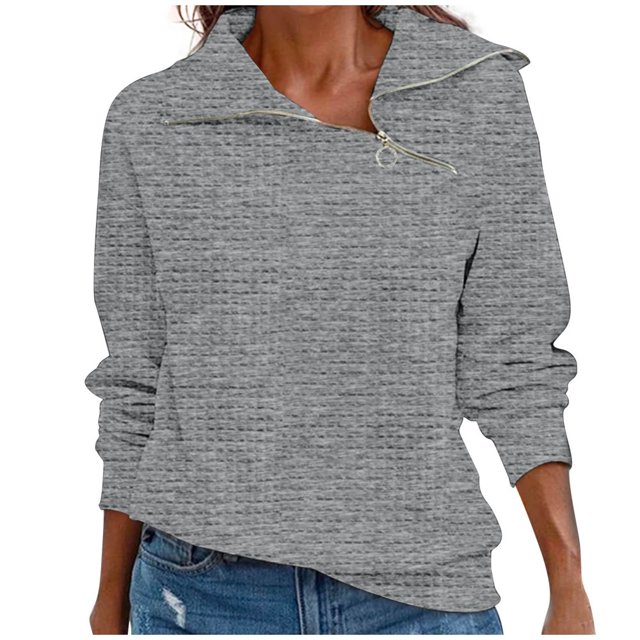JUNWELL Spring New Women‘s Retro Casual Neck Zipper Solid Color Sweater Plaid Pullover Sweater Top