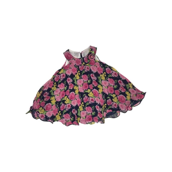 Infant & Toddler Girls Navy Blue & Pink Roses Formal Pleated Bell Baby Dress