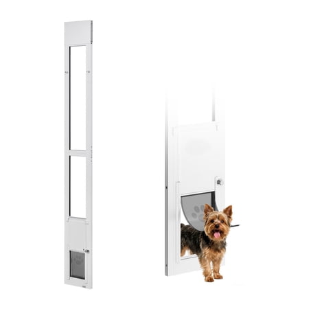 KFFKFF Adjustable Dog Door for Sliding Glass Doors Fits Heights from 75 7/8 to 80 11/16 Durable Aluminum Frame with Flap Rotating Hinge and Locking Mechanism Ideal for Small Dogs