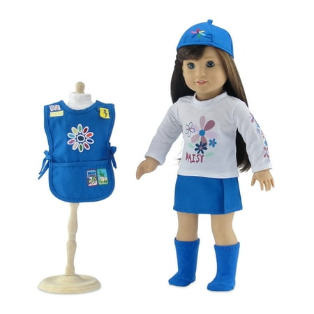 18 Inch Doll Clothes | Daisy Girl Scout-Inspired Outfit, Includes Blue Skirt, LS White T-Shirt with Daisy Print, Blue Tunic with Embroidered Patches, Matching Hat and Socks | Fits American Girl Dolls