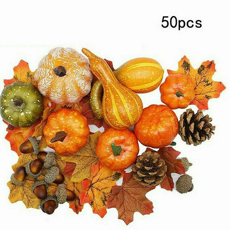 LANWANGJI 50 Pieces Thanksgiving Table Decoration Artificial Pumpkins,Maple Leaves,Gourds,Acorns and Pine Cones for Autumn Home Table Centerpiece Decoration 