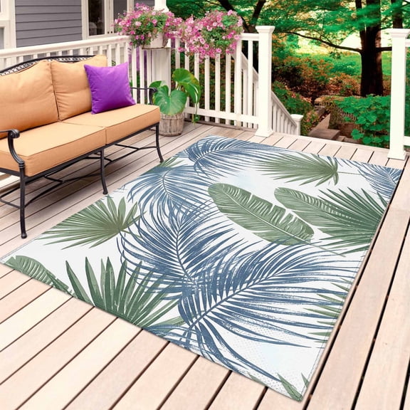 Blue Green Palm Leaves Outdoor Rug for Patio/Deck/Porch, Non-Slip Large Area Rug 3 x 5 Ft, Seaside Tropical Summer Botanical Indoor Outdoor Rugs Washable Area Rugs, Camping Rug Carpet Runner