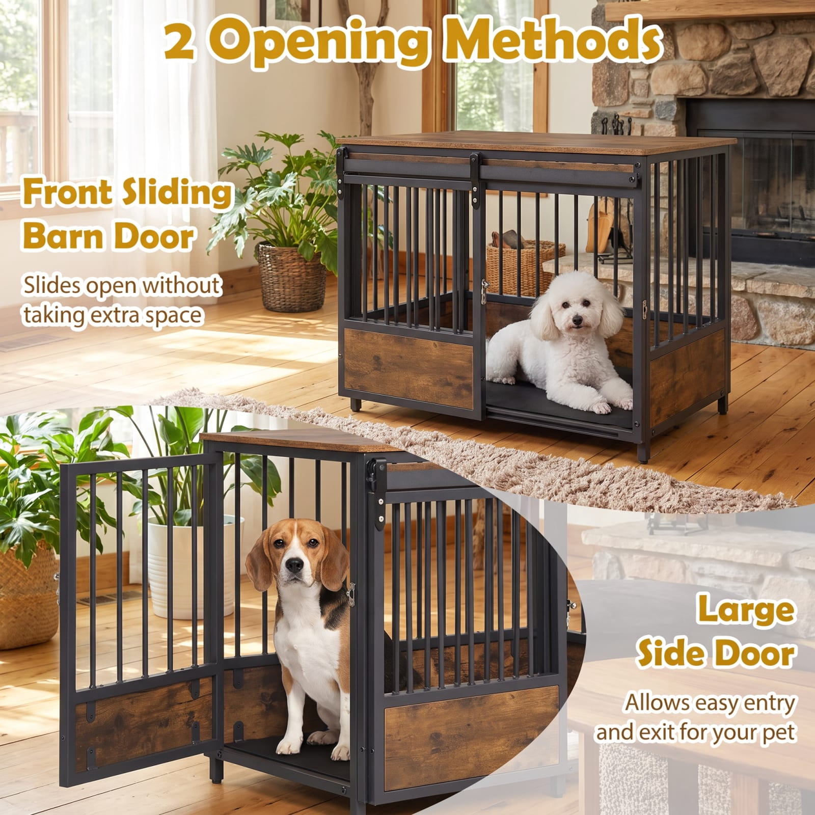 Vebreda 32.5-inch Furniture Style Dog Crate with 2 Doors, Sliding Barn Door and Oxford Mat, Rustic Brown