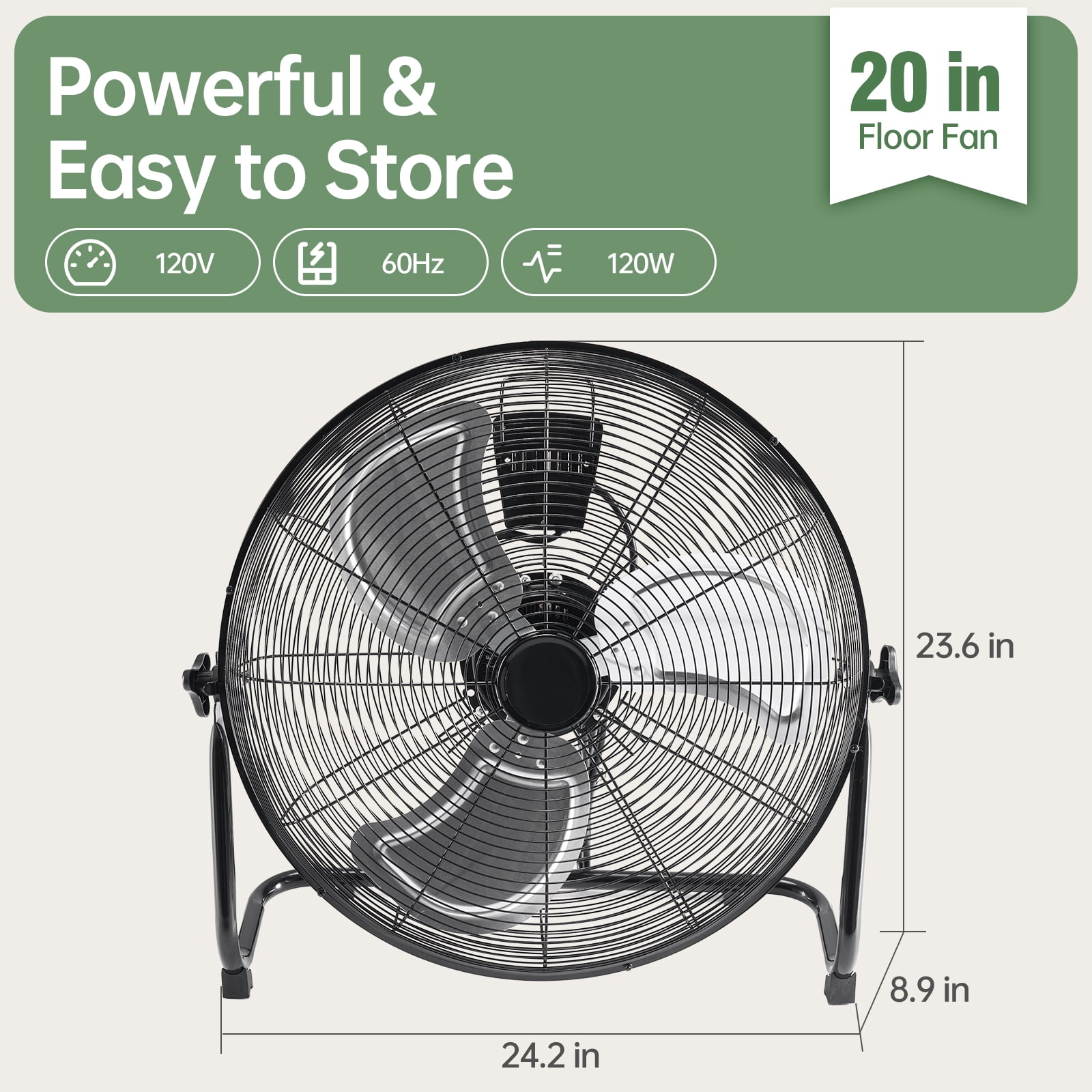 Gianna 20" High Velocity Industrial Floor Fan, 3-Speed Heavy Duty Metal Air Circulator with 120° Tilt Head, Black