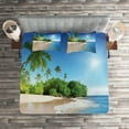 thumbnail image 2 of Ambesonne Tropic Quilted Coverlet 3 Pcs, Suuny Ocean Palm Trees, Queen Size, White Green Blue, 2 of 2