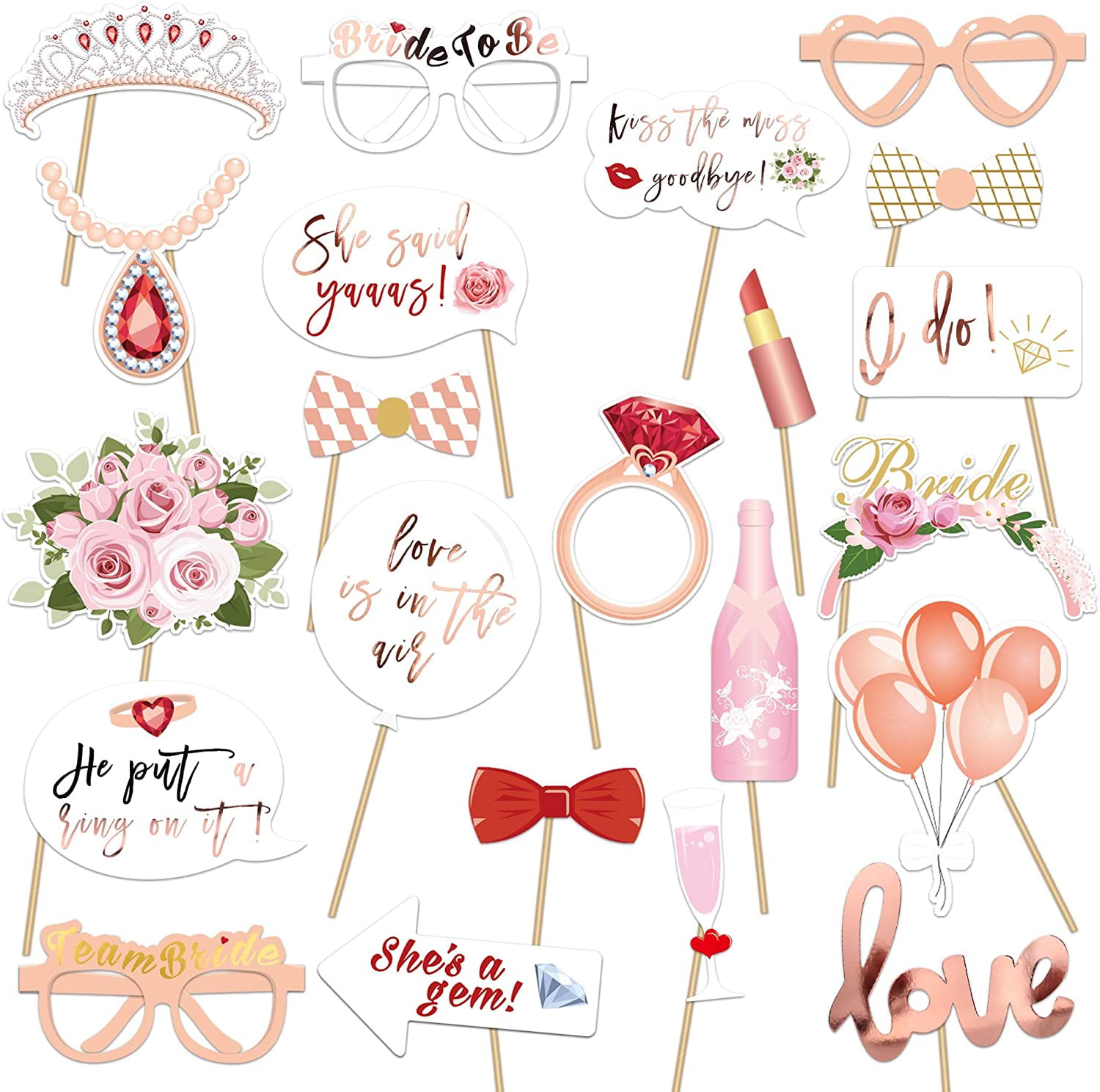 Rose Gold Hen Night Do Party Games Accessories Team Bride Selfie Props Wedding Photo Props for Wedding Bridal Shower Bachelorette Party 46PCS Hen Party Photo Booth Props 