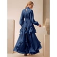 thumbnail image 2 of Womens Blue Long Sleeve High Neck Maxi Dress Ruched Waist Flowy Ruffle Hem, 2 of 6