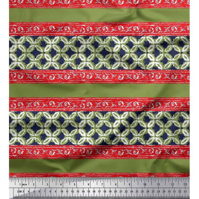 Soimoi Rayon Crepe Fabric Stripe & Floral Batik Print Fabric by Yard 46 Inch Wide