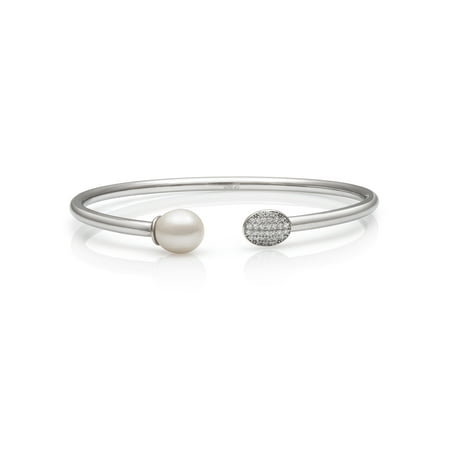 - 8-9mm Genuine White Cultured Freshwater Pearl and CZ Encrusted Sterling Silver Open Bangle Bracelet, 6.25