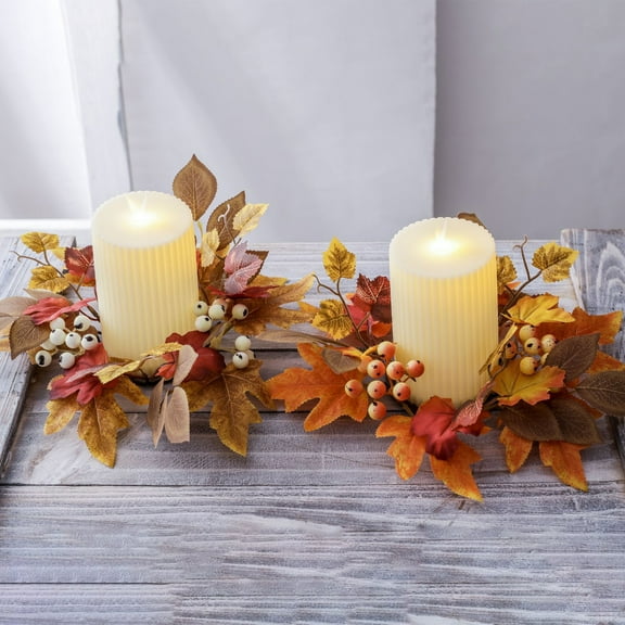 TOOPTY Fall Candle Rings with Artificial Maple Leaves, Thanksgiving Harvest Decor for Pillar Candles, Orange Berry Centerpieces for Tables