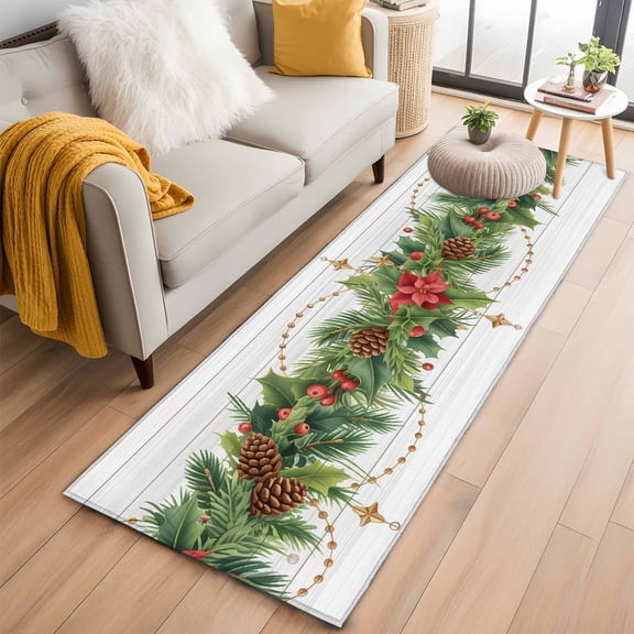 Green Leaves Kitchen Runner Rug 2x6 Washable Runners for Hallway Non Slip Christmas Pine Cone Xmas Flowers Wood Grain Large Area Rug Indoor Floor Carpet for Bathroom Laundry Entryway Bedroom