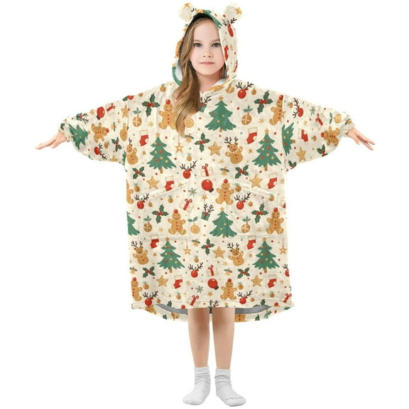 Wearable Blanket Hoodie for Kids Christmas Gingerbread Sock Tree Flannel Hooded Blanket with Pockets and Sleeves Suitable for Boys and Girls