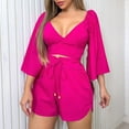 thumbnail image 1 of Fankiway Women'S Casual Three-Quarter-Sleeve V-Neck Belted tops High Waist Shorts Suits Womens Set Summer Outfits Summer Outfits for Women 6267 Piece, 1 of 8