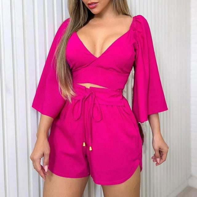 Fankiway Women'S Casual Three-Quarter-Sleeve V-Neck Belted tops High Waist Shorts Suits Womens Set Summer Outfits Summer Outfits for Women 6267 Piece