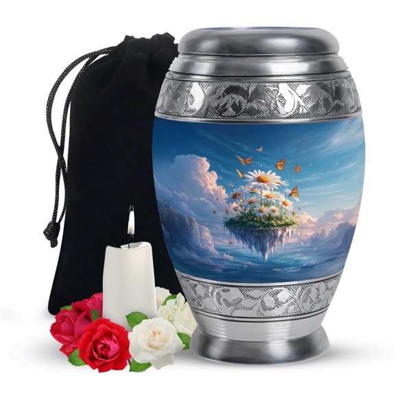 Yatskia White Daisy Butterfly Urns for Human Ashes Adult Man, Decorative Urns for Adult Ash, Cremation Burial Urn for Ashes for Women, (Monar Large, 10 Inch)