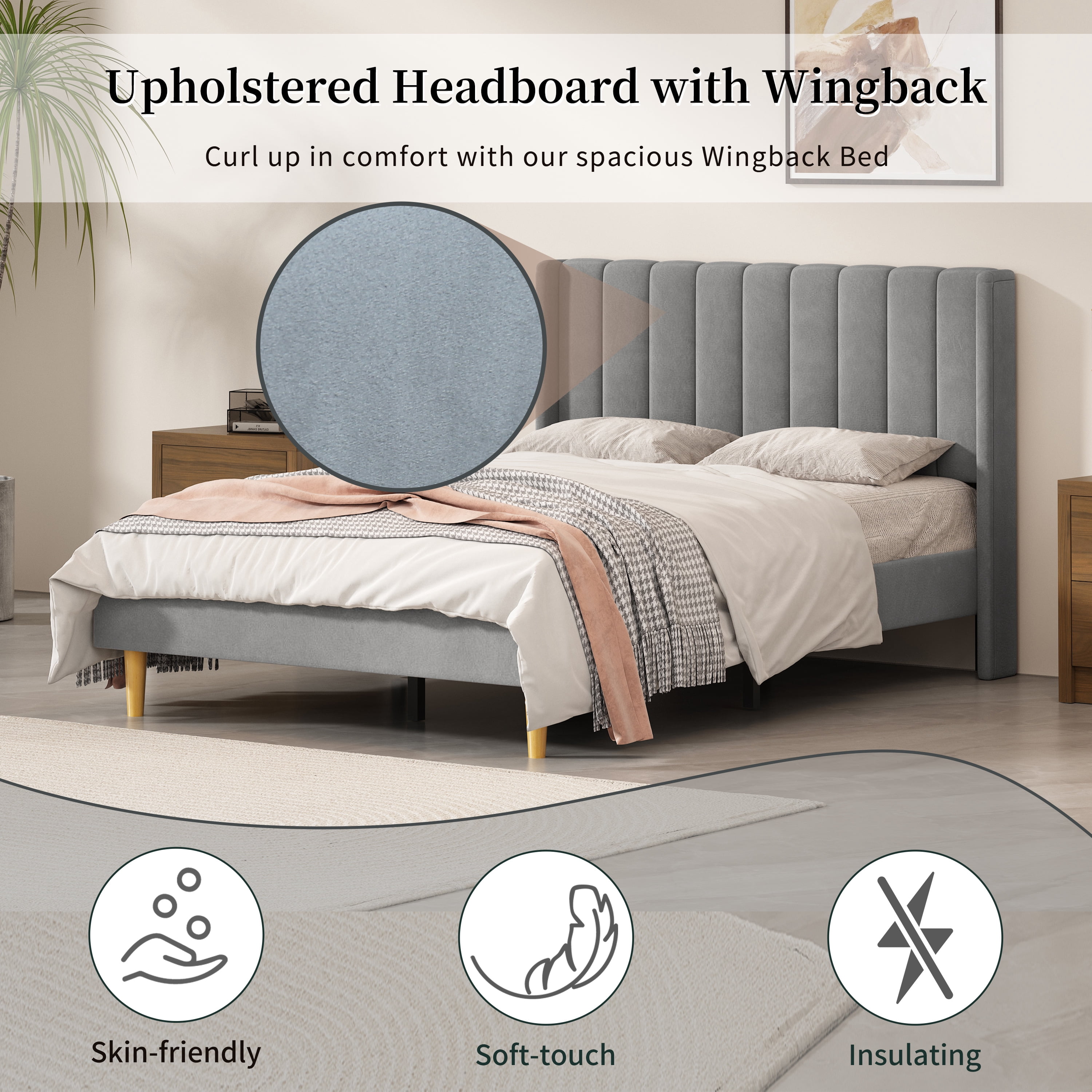 Full Size Upholstered Bed Frame,40.9" High Headboard,Strong Metal Frame,Wooden Slats Support,No Box Spring Needed,Easy Assembly,Velvet Fabric,Gray