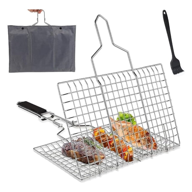 Cesta portátil de acero inoxidable para pescado a la parrilla, malla para parrilla portátil con asa extraíble para asar pescado, parrilla portátil para exteriores