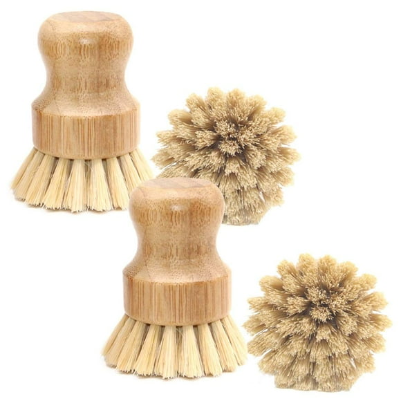 4 Packs Bamboo Palm Scrub Brush Sisal Dish Brush Round Natural Dish Scrubber for Cast Iron Pots Pans Kitchen Sink and Vegetable