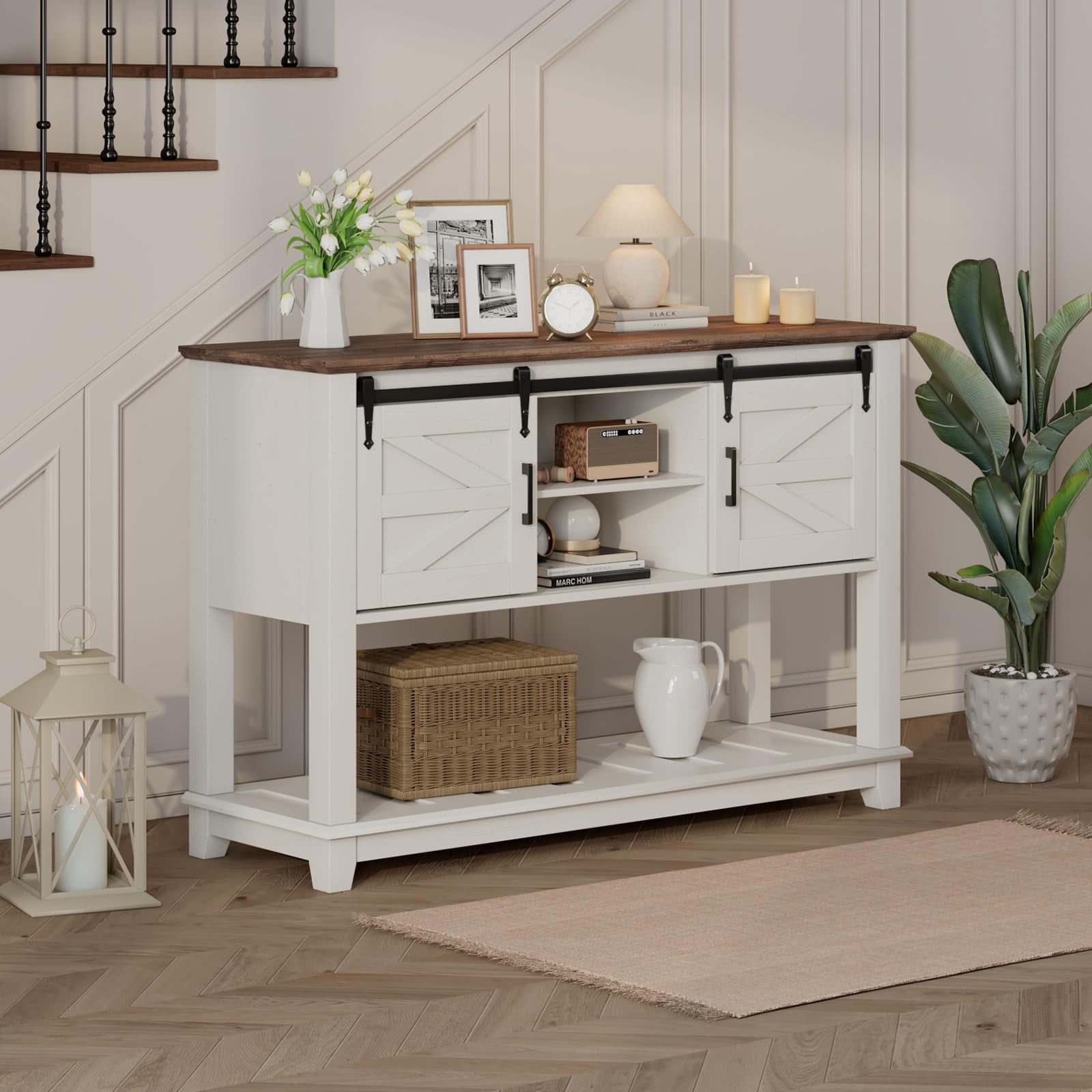 VANACC Farmhouse Entryway Table with Sliding Barn Doors, 46" Sofa Table, Antique White