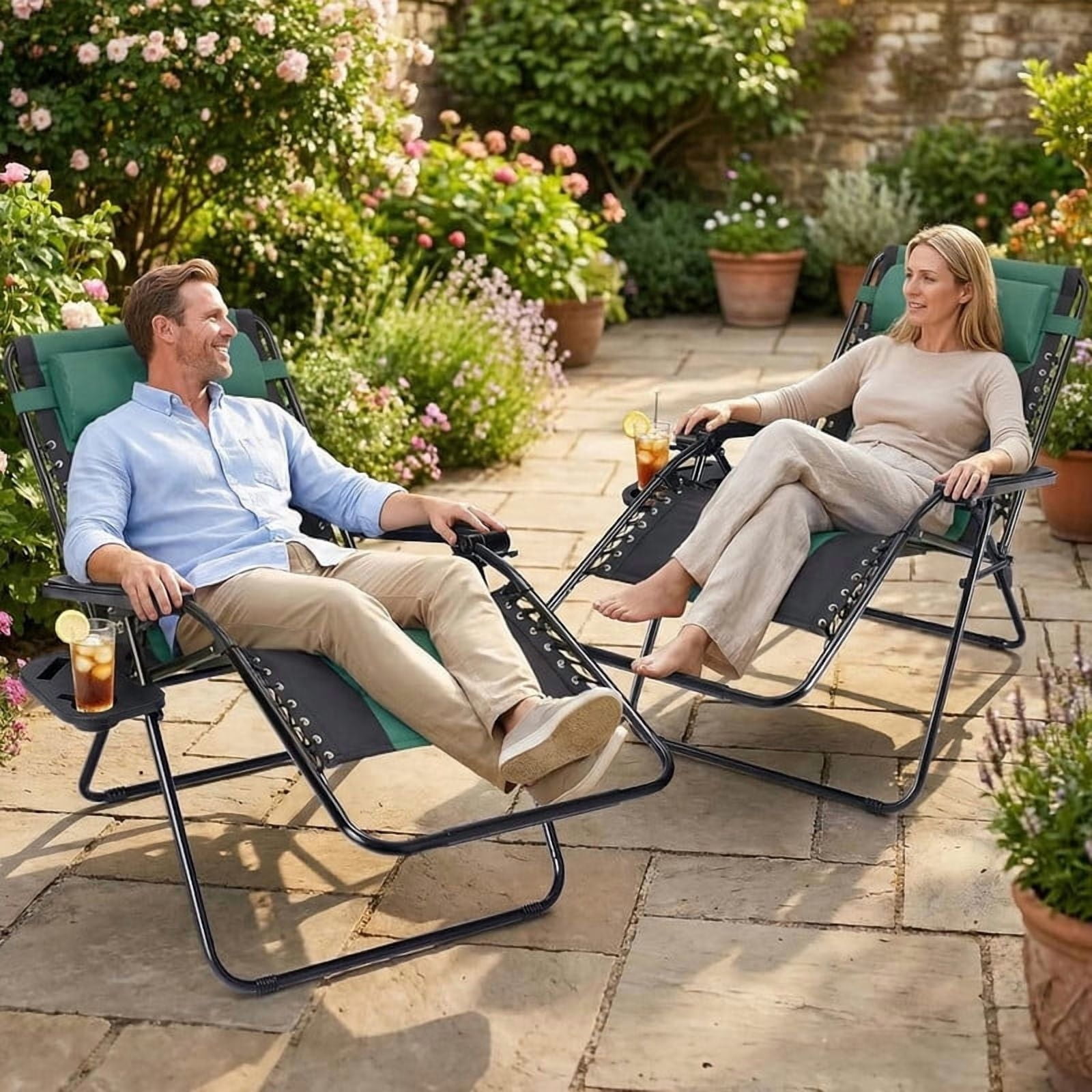 Simenmax Zero Gravity Chairs, 400 lbs Heavy Duty Foldable Patio Recliner with Adjustable Pillow & Cup Holder, Oversized Outdoor Lounge Chair for Backyard Camping Lawn, Black-Green