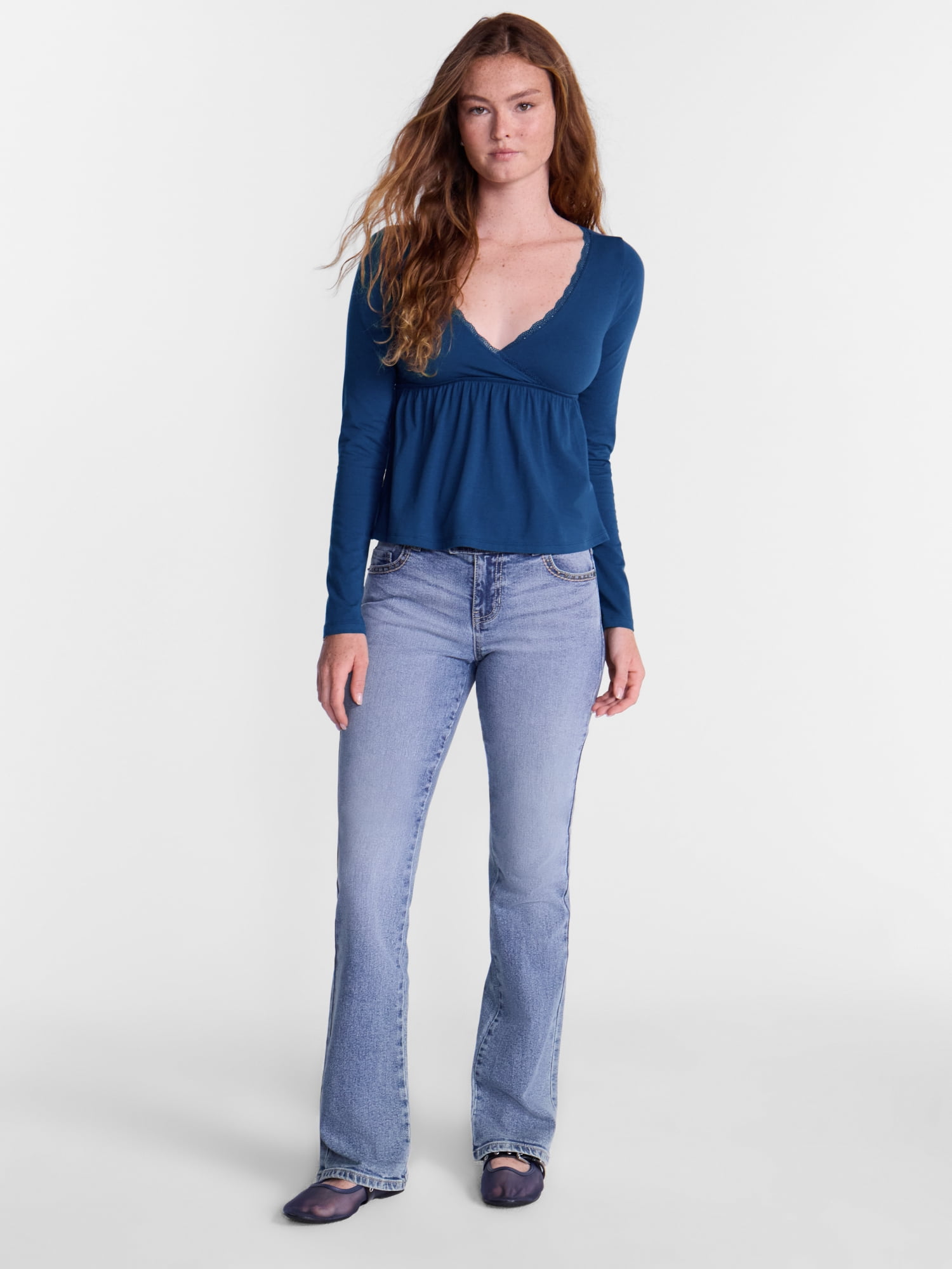 No Boundaries Babydoll Top with Long Sleeves, Women’s XXS-XXL