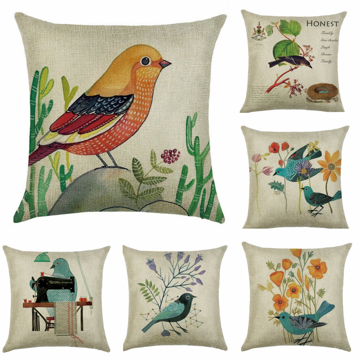 Cute Bird Decorative Throw Pillow Case Cushion Cover 18''x18'' Cotton