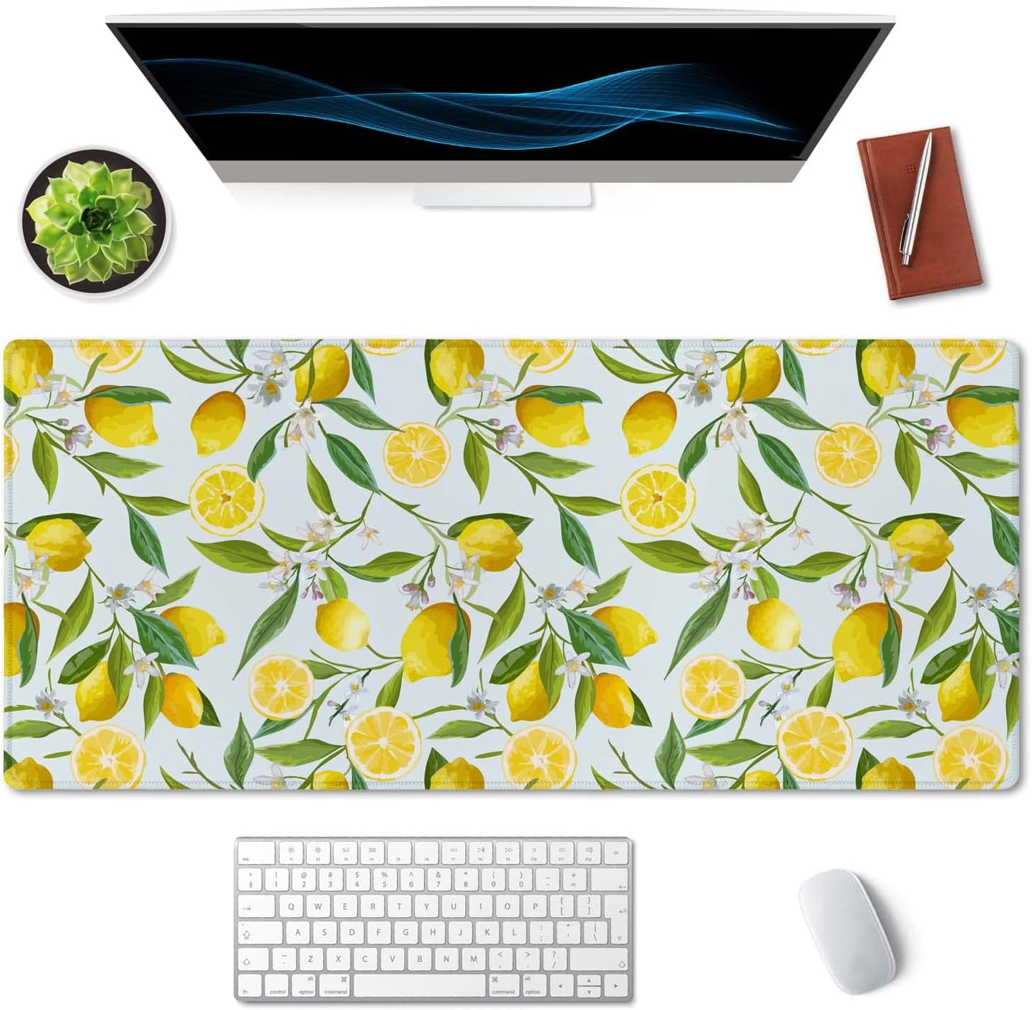 Extended Mouse Pad, XXL Gaming Mouse Pads, Large Big Mousepad Laptop Computer Keyboard Mat Desk Pad with Non-Slip Base Stitched Edge for Gaming Office, 35.4 x 15.7 inch, Lemon Fruits Tree Leaf