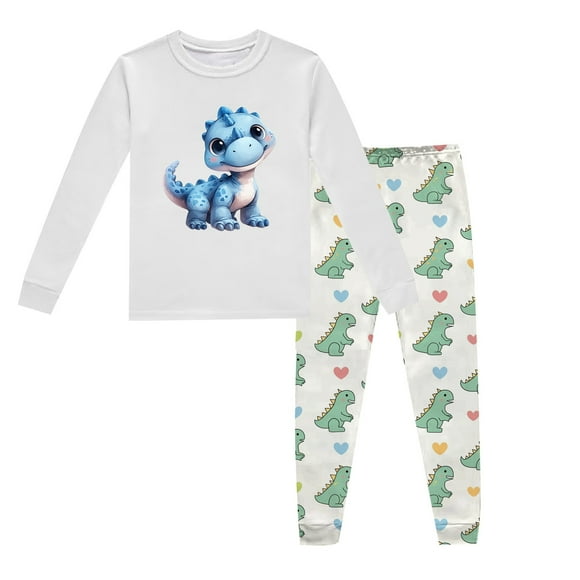 Baby Pajamas Children's Dinosaur Printed Crew Neck Long Sleeve Top Pants 2 Piece Spring Fall Pajama Set Baby Boy Pajamas Light Gray 4 Years-5 Years