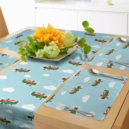 

Airplane Table Runner & Placemats Concept Doggies Driving Old Aircraft Brave Animals in the Sky Set for Dining Table Decor Placemat 4 pcs + Runner 14 x72 Olive Green Pale Blue by Ambesonne