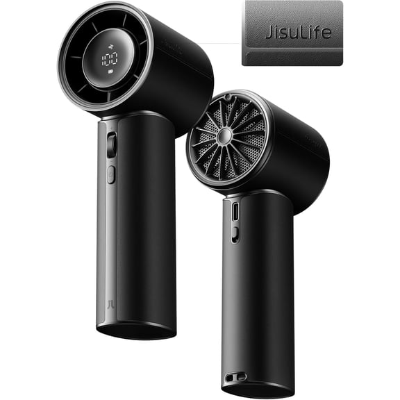 JISULIFE portable Fan Pro1 Mini, Chic PU Leather Design, 100-Speeds,  LED Display, 30H Battery Life, Handheld & Desk Use,  Concerts & Outdoor Essential, gifts for women (Black)