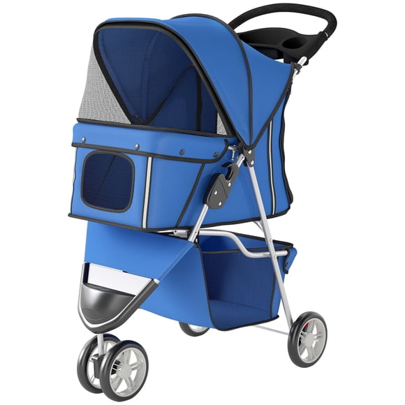 Poussette Pliable pour Petits Animaux, Chariot pour Animaux à Cadre en Acier Bleu avec Fenêtres en Maille, Panier de Rangement et Porte-Gobelet, Conception Légère à 3 Roues pour la Marche Extérieure, jusqu'à 22 Lb