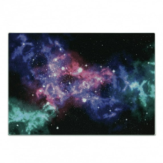 Outer Space Cutting Board, Stars and Dusty Gas Cloud in Planetary Cosmos Universe Print, Decorative Tempered Glass Cutting and Serving Board, Small Size, Purple Pink Navy, by Ambesonne