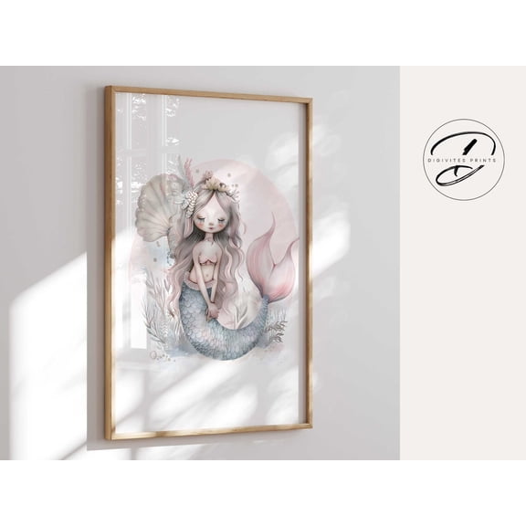 Mermaid Under Sea Floral Nursery Wall Art Poster