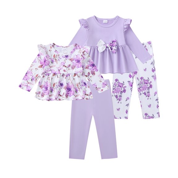 12 Months Baby Girls Clothes 18 Months Girl 2 Pack Outfits Set Toddler Girl Long Sleeve Top Pants 4PCS Clothing Set Purple