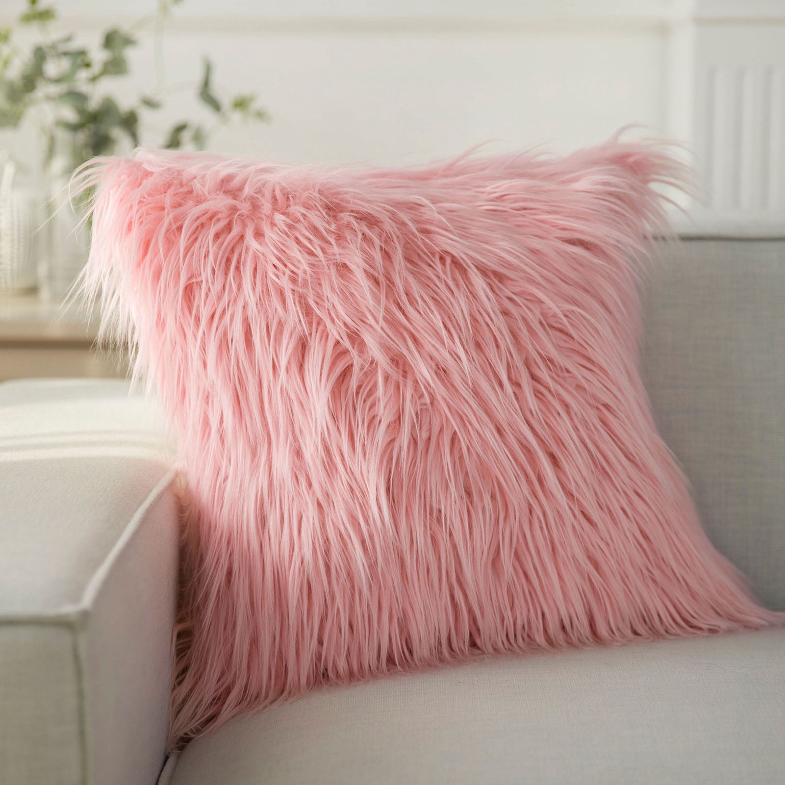 Phantoscope 18" x 18" Faux Fur Decorative Throw Pillow, Plush Cushion with Insert for Couch, Bed, Chair, Light Pink, 1 Pack
