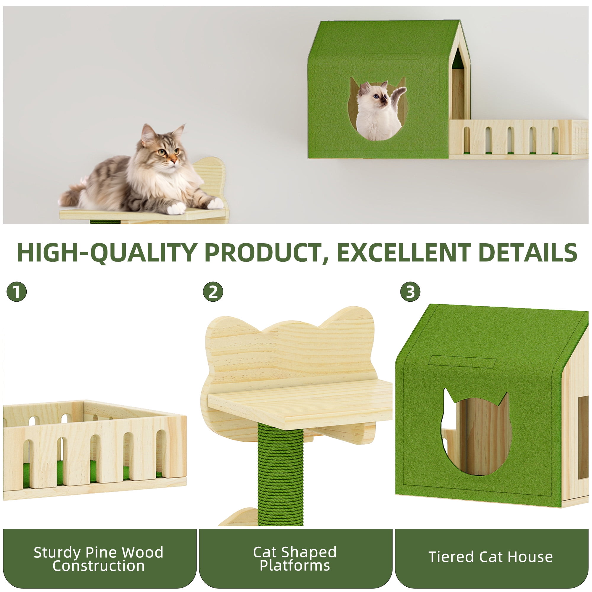 Uforic Cat Wall Shelves and Perches, Wooden Wall-Mounted Cat Furniture Set of 8 with House, 4 Perches, 2 Sisal Posts & Pom-Pom Toy for Indoor, Green & Wood