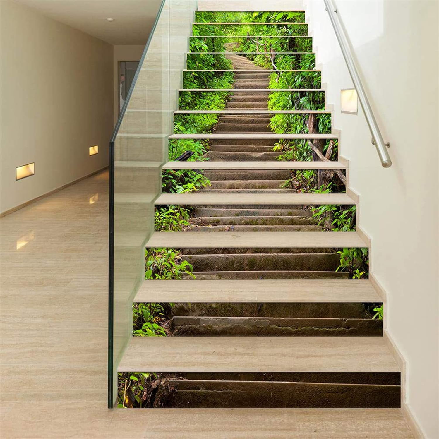 Stair Risers Wall Stickers - 13Pcs 3D Green Forest Steps Peel and Stick Vinyl Staircase Sticker -Stair Decals Decor for Stair Steps Home Office Decor 39.37"x7.09"