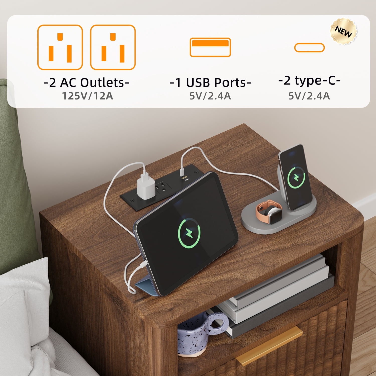 TOMNK Fluted Nightstand with Charging Station, 18" Modern Side Table, 2 Drawers End Table with Storage, Bedside Table for Bedroom, Living Room, Curved Profile Design, Dark Walnut