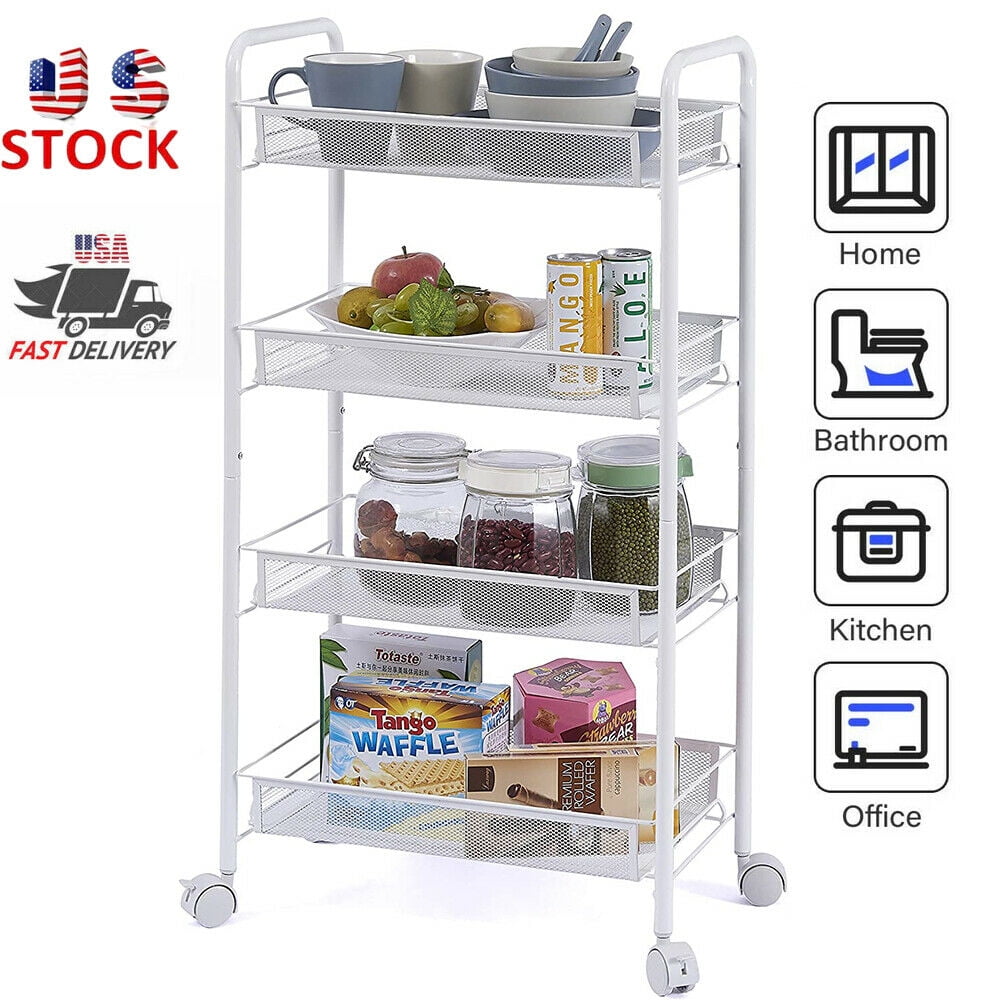 Brand New 4 Tier Metal Storage Shelves with Wheels, Roller Cart Wire