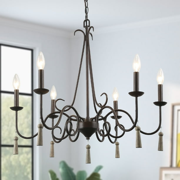 Lnc Rustic French Country Chandelier 6 Light Farmhouse With Wood Droplets 26 4 Com Lnc Rustic French Country Chandelier 6, French Country Wood Bead Chandelier Diy