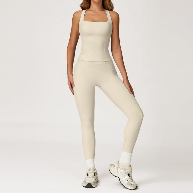 PISONIC Women Two Piece Workout Sets Racerback Tank Tops Matching High Waisted Leggings with Pockets Gym Yoga Outfits