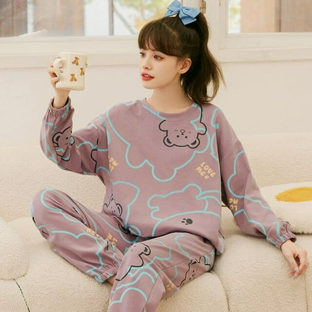 

CoCopeaunt The new pajamas female spring and autumn cotton long-sleeved pants home wear set cartoon cute pajamas set sleepwear pajama