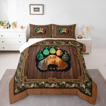 Homewish Rustic Bear Print Full Size Comforter Sets for Men, Jungle Plant Branches Bedding Comforter Set, Woodland Wildlife Bedding Sets, Luxury Bedroom Decor, 3-Piece
