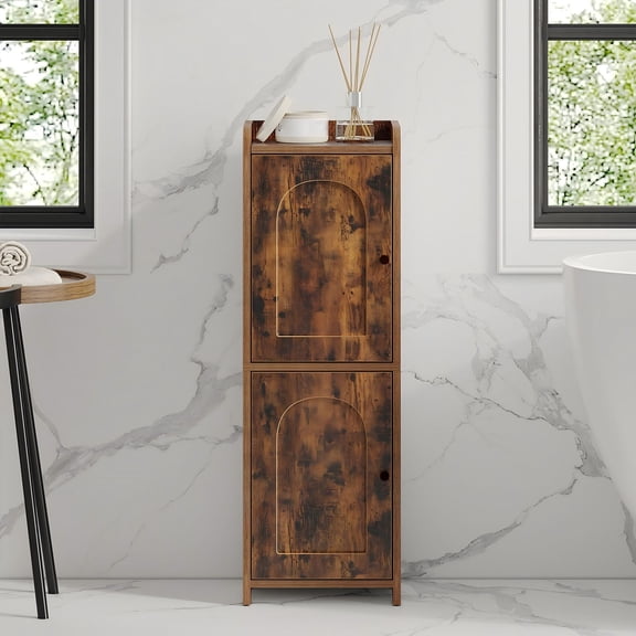 Hzuaneri Bathroom Storage Cabinet, 29.5" Tall Narrow Freestanding Small Corner Cabinet with 2 Doors & Adjustable Inner Shelf for Compact Small‑Space Use, Rustic Brown