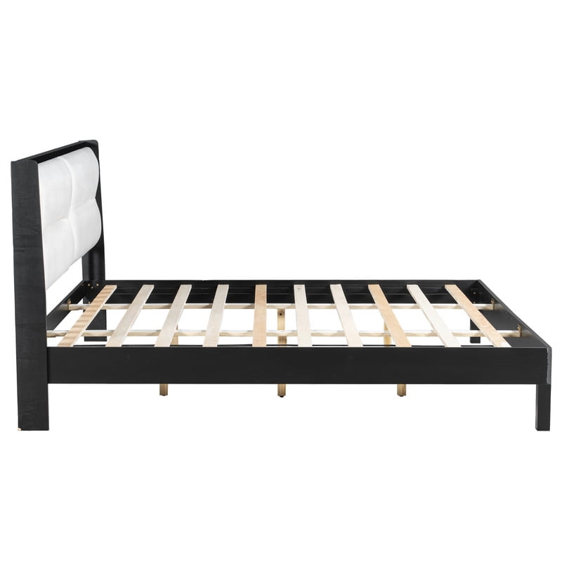 Wooden King Size Platform Bed with Velvet Upholstered Headboard, Low-Profile Bed Frame with Slat Support No Box Spring Needed