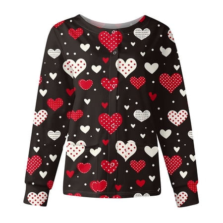 Valentines Day Scrub Jackets for Women Plus Size Cute Heart Print Scrubs Top Snap Front Casual Long Sleeve Nurse Uniforms Workwear
